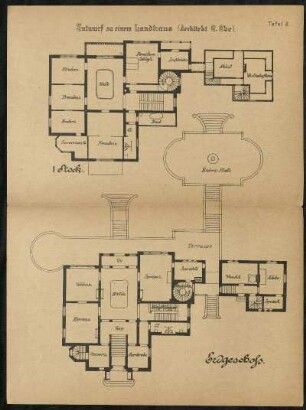 Oben: Entwurf zu einem Landhaus. 1. Stock / Unten: Erdgeschoss
