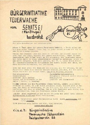 Flugschrift: Bürgerinitiative Feuerwache vom Senatsei (Abrißkugel) bedroht, 1971