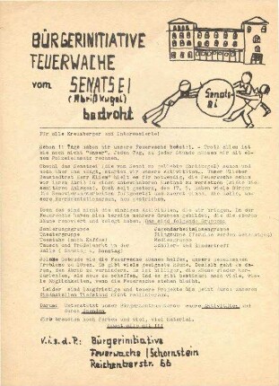 Flugschrift: Bürgerinitiative Feuerwache               vom Senatsei (Abrißkugel) bedroht, 1971