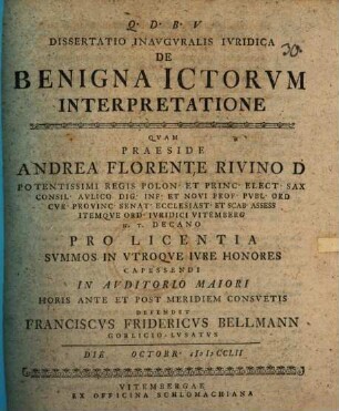 Dissertatio Inavgvralis Ivridica De Benigna Ictorvm Interpretatione