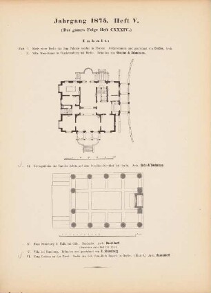 Erbbegräbnis der Familie Rabitz, Berlin. Villa Warschauer, Berlin: Inhaltsverzeichnis, Grundrisse (aus: Architektonisches Skizzenbuch, H. 134/5, 1875)