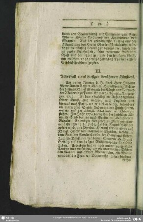 III. Todesfall eines hiesigen berühmten Künstlers
