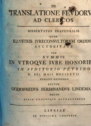 De Translatione Fevdorvm Ad Clericos : Dissertatio Inavgvralis