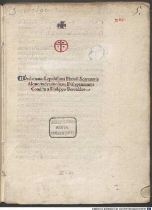 Declamatio ebriosi, scortatoris, aleatoris de vitiositate disceptantium : mit Widmungsbrief des Autors an Sigmund Gossinger