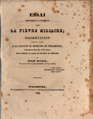 Essai historique et pratique sur la fièvre miliaire : dissertation