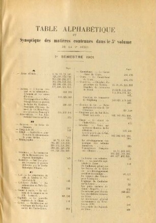 Table alphabétique synoptique des matières contenues dans le 5e volume de la 2e série