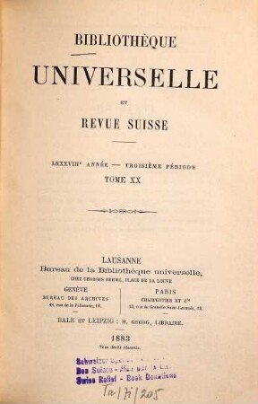 Bibliothèque universelle et revue suisse. 20 = A. 88. 1883
