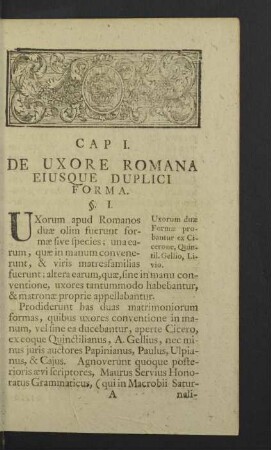Cap. I. De uxore Romana eiusque duplici forma.