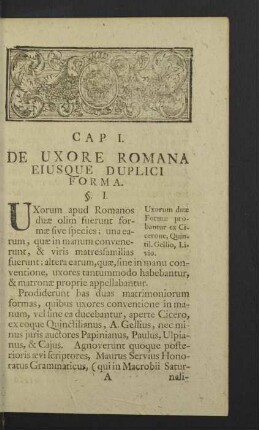 Cap. I. De uxore Romana eiusque duplici forma.