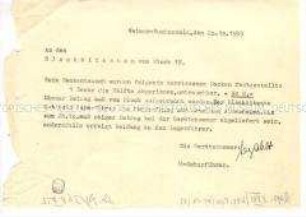 Schreiben an den Blockältesten über die Beschädigung einer Decke - Sachkonvolut
