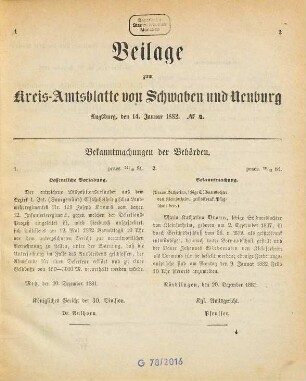 Königlich Bayerisches Kreis-Amtsblatt von Schwaben und Neuburg. Beilage zum Kreis-Amtsblatte von Schwaben und Neuburg. 1882