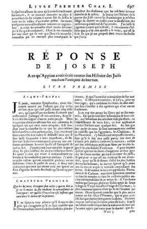 Réponse De Joseph A ce qu' Appion avoit écrit contre son Histoire des Juifs touchant l'antiquité de leur race