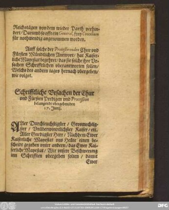 Schrifftliche Ursachen der Chur und Fürsten Predigen und Proceßion belangende ubergeben/ den 17. Junii.