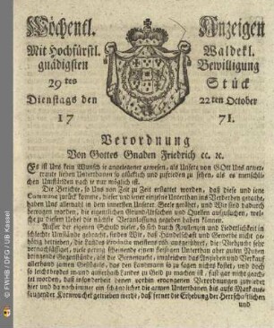 29tes Stück, Dienstags den 22ten October 1771