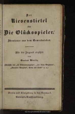 Der Riesenstiefel oder Die Glücksspieler : Abenteuer aus dem Gewerbsleben