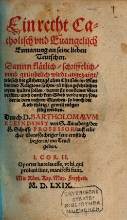 Ein recht katholisch und evangelische Ermanung an seine lieben Teutschen