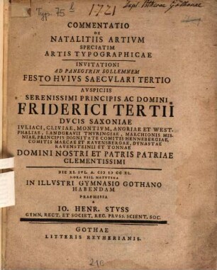 Commentatio de natalitiis artium, speciatim artis typographicae