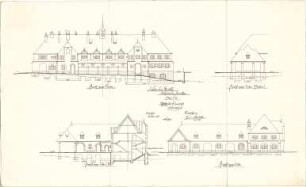 Seidl, Gabriel von; Steinach; Schlossneubau - Stallgebäude, Ost, - Nord - u. Südseite u. Ost - Hofseite (Ansichten, Ansicht m. Schnitt)