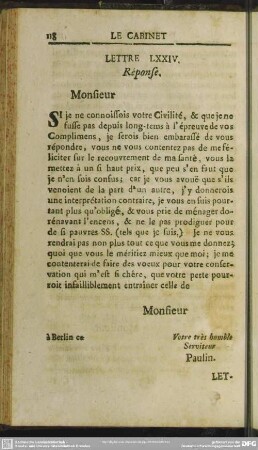 Lettre LXXIV. Response