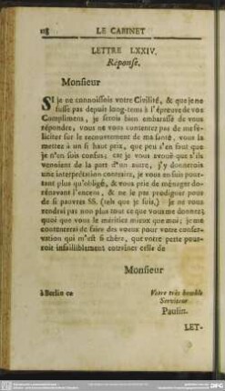 Lettre LXXIV. Response