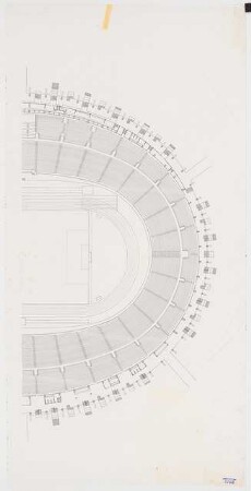 Stadion Oberwiesenfeld, München: Grundriss 3. Obergeschoss (Presse) und Aufsicht auf Mittelring nördlicher Teil, 1:200