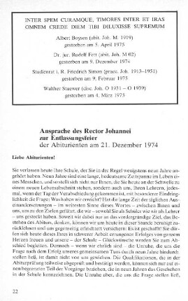 Ansprache des Rector Johannei zur Entlassung der Abiturienten am 21. Dezember 1974