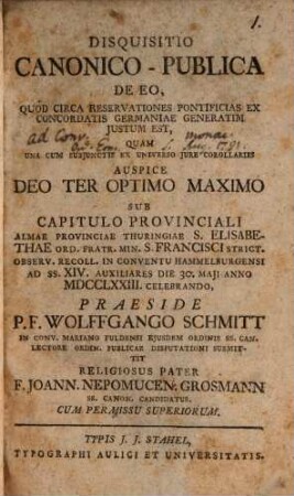 Disquisitio canonico-publica de eo, quod circa reservationes pontificias ex concordatis Germaniae generatim iustum est