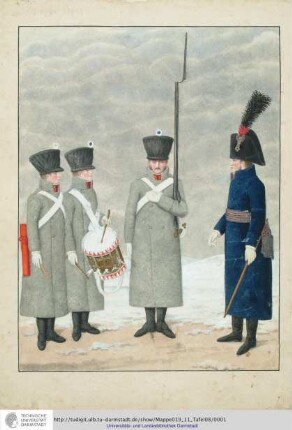 Abbildung Des Gros[s]herzoglich Hessischen Militair. [Tafel 8: Leib-Garde-Regiment; Die Tafel zeigt Angehörige des Regiments in Winterausrüstung]. S.l.e.a. [ca. 1813/14]