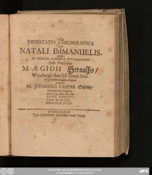 Dissertatio Chronologica De Natali Immanuelis