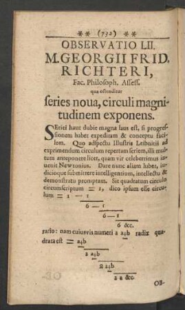 Observatio LII. M. Georgii Frid. Richteri, Fac. Philosoph. Assess. qua oftenditur feries noua, circuli magnitudinem exponens