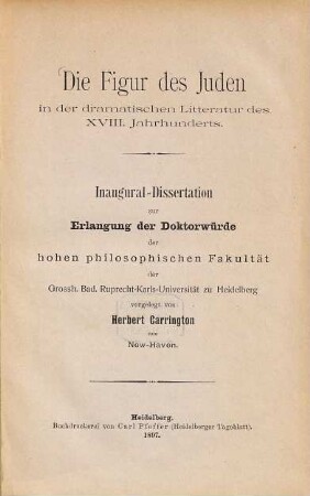 Die Figur des Juden in der dramatischen Litteratur des XVIII. Jahrhunderts