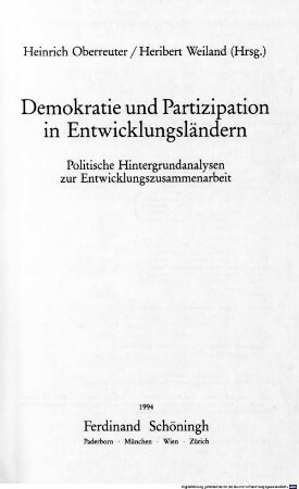 Demokratie und Partizipation in Entwicklungsländern : politische Hintergrundanalysen zur Entwicklungszusammenarbeit