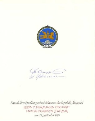 Punsalmaagiin Otschirbat, Präsident der Republik Mongolei; Frau Sharawyn Zewelmaa