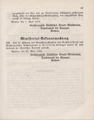 32. Ministerial-Bekanntmachung, die Katasterführung für Bechstedtstraß betreffend