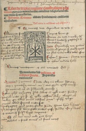 Liber de triplici regione claustralium [et] spi||rituali exercicio monachorum : omnibus religiosis no[n] mi=||nus vtilis q[uam] necessarius.||