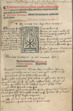 Liber de triplici regione claustralium [et] spi||rituali exercicio monachorum : omnibus religiosis no[n] mi=||nus vtilis q[uam] necessarius.||