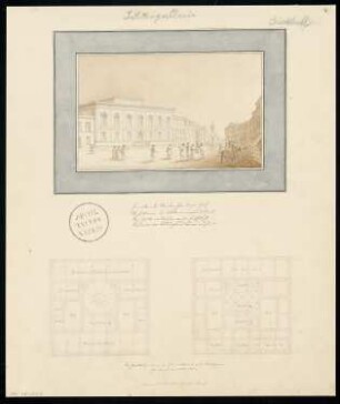 Bildergalerie Monatskonkurrenz Februar 1833: Grundriss Erdgeschoss, Obergeschoss, perspektivische Ansicht; Maßstabsleiste, Bemerkung