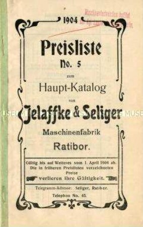 1904 / Preisliste No. 5 zum Hauptkatalog von Jelaffke und Seliger