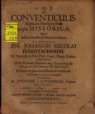 De Conventiculis, Disputatio Theologica ..., Prior. ... eaque Historica