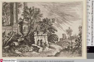 [Landschaft mit Säule, Burg und zwei Figuren im rechten Vordergrund]