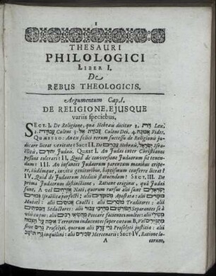 Argumentum Cap. I. De Religione, Ejusque variis speciebus.