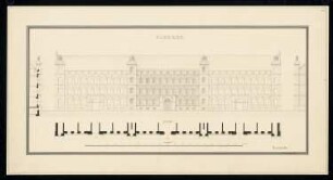 Kasernenfassade Monatskonkurrenz Dezember 1834: Grundriss Fassade, Aufriss Hauptansicht, Seitenansicht (Ecke), Teilquerschnitt; Maßstabsleiste