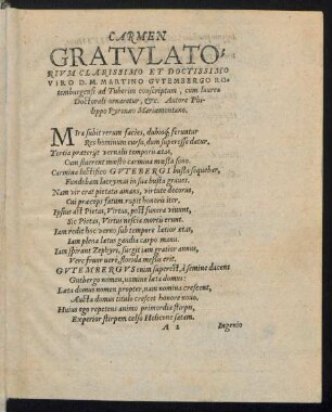 Carmen Gratulatorium Clarissimo Et Doctissimo Viro Martino Gutembergo Rotemburgensi ...