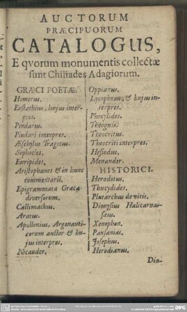 Auctorem Praecipuorum Catalogus, E quorum monumentis collectae sunt Chiliades Adagiorum