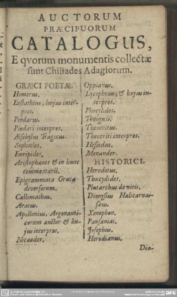 Auctorem Praecipuorum Catalogus, E quorum monumentis collectae sunt Chiliades Adagiorum