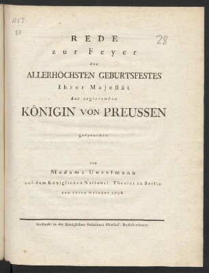 Rede zur Feyer des Allerhöchsten Geburtsfestes Ihrer Majestät der regierenden Königin von Preussen