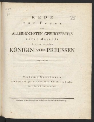 Rede zur Feyer des Allerhöchsten Geburtsfestes Ihrer Majestät der regierenden Königin von Preussen