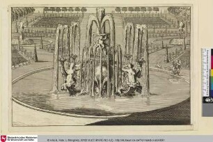[NOVA FONTIUM DELINEATIO.; Entwurf eines Brunnens mit Darstellung der Erdkugel mit Krone und Sirenen]