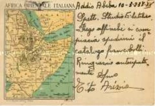 Postkarte mit Karte der italienischen Kolonie in Abbessinien