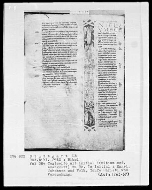 Bibel — Initiale I (nitium sancti evangelii), darin vier Szenen zur Aussendung des Sohnes, Folio 28verso